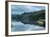 Panorama Landscape Rowing Boats on Lake with Jetty against Mountain Background-Veneratio-Framed Photographic Print