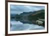 Panorama Landscape Rowing Boats on Lake with Jetty against Mountain Background-Veneratio-Framed Photographic Print