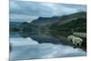 Panorama Landscape Rowing Boats on Lake with Jetty against Mountain Background-Veneratio-Mounted Photographic Print
