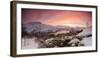 Panorama of frozen sea surrounded by snow framed by the orange sky at sunset, Torsken, Senja, Troms-Roberto Moiola-Framed Photographic Print