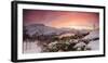 Panorama of frozen sea surrounded by snow framed by the orange sky at sunset, Torsken, Senja, Troms-Roberto Moiola-Framed Photographic Print