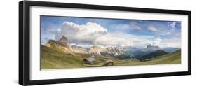 Panorama of green meadows and huts of the Odle mountain range seen from Seceda, Val Gardena, Trenti-Roberto Moiola-Framed Premium Photographic Print