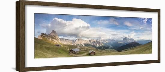 Panorama of green meadows and huts of the Odle mountain range seen from Seceda, Val Gardena, Trenti-Roberto Moiola-Framed Photographic Print