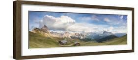 Panorama of green meadows and huts of the Odle mountain range seen from Seceda, Val Gardena, Trenti-Roberto Moiola-Framed Photographic Print