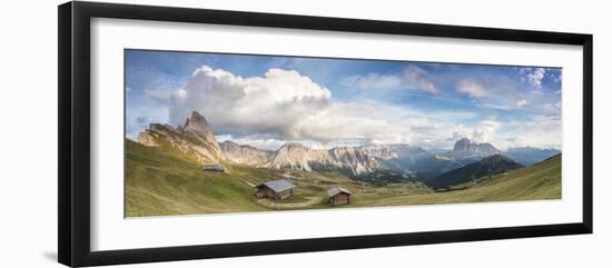 Panorama of green meadows and huts of the Odle mountain range seen from Seceda, Val Gardena, Trenti-Roberto Moiola-Framed Photographic Print