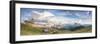 Panorama of green meadows and huts of the Odle mountain range seen from Seceda, Val Gardena, Trenti-Roberto Moiola-Framed Photographic Print