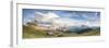 Panorama of green meadows and huts of the Odle mountain range seen from Seceda, Val Gardena, Trenti-Roberto Moiola-Framed Photographic Print