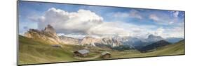 Panorama of green meadows and huts of the Odle mountain range seen from Seceda, Val Gardena, Trenti-Roberto Moiola-Mounted Photographic Print