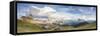 Panorama of green meadows and huts of the Odle mountain range seen from Seceda, Val Gardena, Trenti-Roberto Moiola-Framed Stretched Canvas