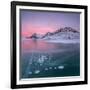 Panorama of ice bubbles and frozen surface of Lago Bianco at dawn, Bernina Pass, canton of Graubund-Roberto Moiola-Framed Photographic Print