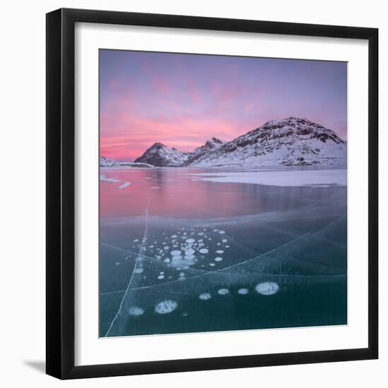 Panorama of ice bubbles and frozen surface of Lago Bianco at dawn, Bernina Pass, canton of Graubund-Roberto Moiola-Framed Photographic Print