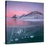 Panorama of ice bubbles and frozen surface of Lago Bianco at dawn, Bernina Pass, canton of Graubund-Roberto Moiola-Stretched Canvas