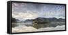 Panorama of Kochelsee framed by pink clouds at sunset, Schlehdorf, Bavaria, Germany, Europe-Roberto Moiola-Framed Stretched Canvas