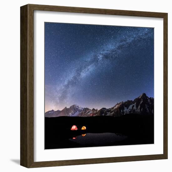 Panorama of Mont Blanc, Mont De La Saxe and Grand Jorasses under the starry sky, Graian Alps, Courm-Roberto Moiola-Framed Photographic Print