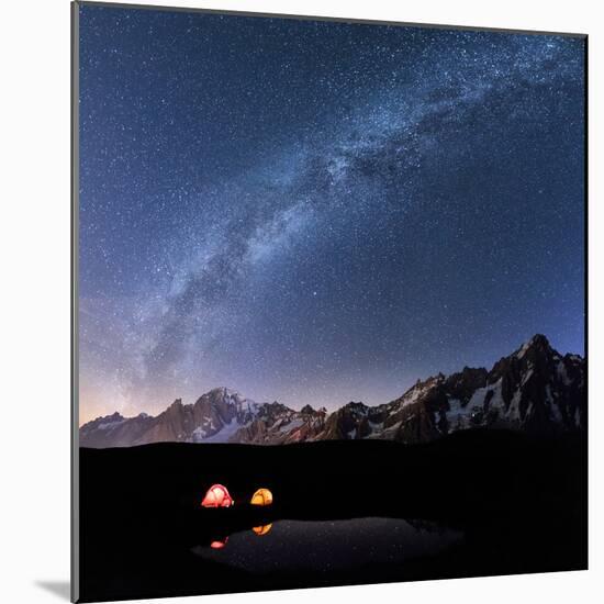 Panorama of Mont Blanc, Mont De La Saxe and Grand Jorasses under the starry sky, Graian Alps, Courm-Roberto Moiola-Mounted Photographic Print