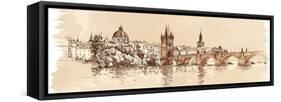 Panorama of Prague. View of Charles Bridge and the Vltava River Embankment. Vector Drawing--Vladimir--Framed Stretched Canvas