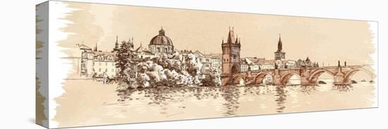 Panorama of Prague. View of Charles Bridge and the Vltava River Embankment. Vector Drawing--Vladimir--Stretched Canvas