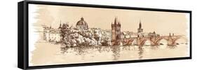 Panorama of Prague. View of Charles Bridge and the Vltava River Embankment. Vector Drawing--Vladimir--Framed Stretched Canvas