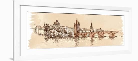Panorama of Prague. View of Charles Bridge and the Vltava River Embankment. Vector Drawing--Vladimir--Framed Premium Giclee Print