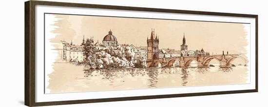 Panorama of Prague. View of Charles Bridge and the Vltava River Embankment. Vector Drawing--Vladimir--Framed Premium Giclee Print