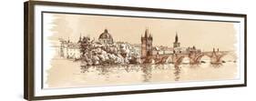 Panorama of Prague. View of Charles Bridge and the Vltava River Embankment. Vector Drawing--Vladimir--Framed Premium Giclee Print