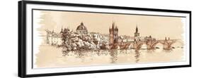 Panorama of Prague. View of Charles Bridge and the Vltava River Embankment. Vector Drawing--Vladimir--Framed Premium Giclee Print