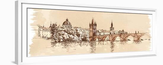 Panorama of Prague. View of Charles Bridge and the Vltava River Embankment. Vector Drawing--Vladimir--Framed Premium Giclee Print