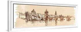 Panorama of Prague. View of Charles Bridge and the Vltava River Embankment. Vector Drawing--Vladimir--Framed Premium Giclee Print