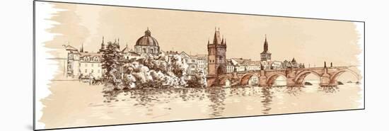 Panorama of Prague. View of Charles Bridge and the Vltava River Embankment. Vector Drawing--Vladimir--Mounted Premium Giclee Print