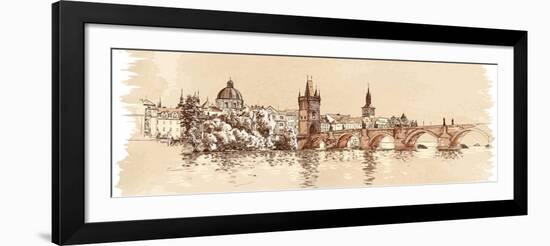 Panorama of Prague. View of Charles Bridge and the Vltava River Embankment. Vector Drawing--Vladimir--Framed Art Print