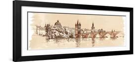 Panorama of Prague. View of Charles Bridge and the Vltava River Embankment. Vector Drawing--Vladimir--Framed Art Print