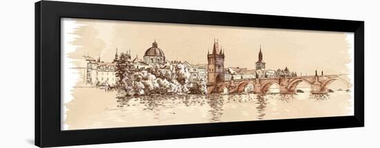 Panorama of Prague. View of Charles Bridge and the Vltava River Embankment. Vector Drawing--Vladimir--Framed Art Print