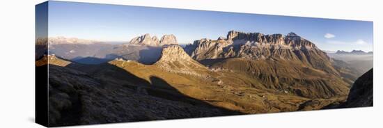 Panorama of Sass Beca Sassolungo and Piz Boa at dawn from Cima Belvedere, Canazei, Val di Fassa, Tr-Roberto Moiola-Stretched Canvas