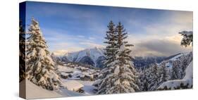 Panorama of Snowy Woods and Mountain Huts Framed by Sunset, Bettmeralp, District of Raron-Roberto Moiola-Stretched Canvas