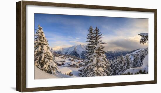 Panorama of Snowy Woods and Mountain Huts Framed by Sunset, Bettmeralp, District of Raron-Roberto Moiola-Framed Photographic Print