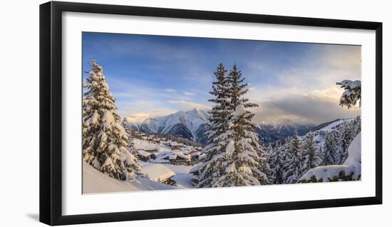 Panorama of Snowy Woods and Mountain Huts Framed by Sunset, Bettmeralp, District of Raron-Roberto Moiola-Framed Photographic Print