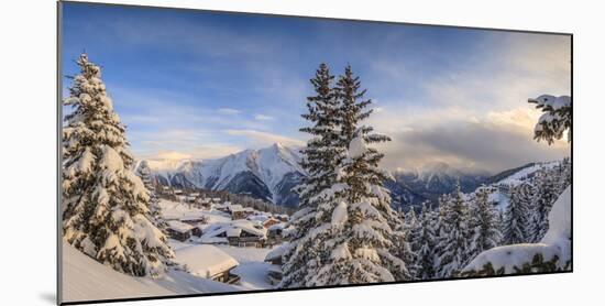 Panorama of Snowy Woods and Mountain Huts Framed by Sunset, Bettmeralp, District of Raron-Roberto Moiola-Mounted Photographic Print
