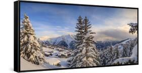 Panorama of Snowy Woods and Mountain Huts Framed by Sunset, Bettmeralp, District of Raron-Roberto Moiola-Framed Stretched Canvas