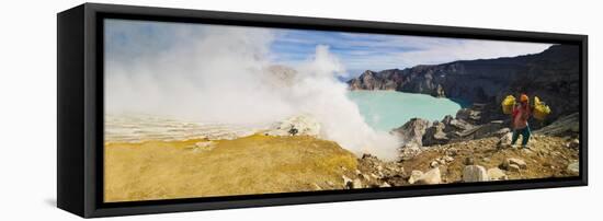 Panorama of Sulphur Worker Appearing Out of Toxic Fumes at Kawah Ijen Volcano, East Java, Indonesia-Matthew Williams-Ellis-Framed Stretched Canvas