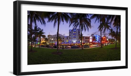 Panorama of the Art Deco Hotels at Ocean Drive, Dusk, Miami South Beach, Art Deco District, Florida-Axel Schmies-Framed Photographic Print