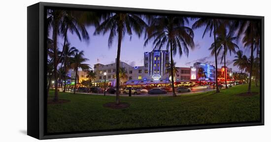 Panorama of the Art Deco Hotels at Ocean Drive, Dusk, Miami South Beach, Art Deco District, Florida-Axel Schmies-Framed Stretched Canvas