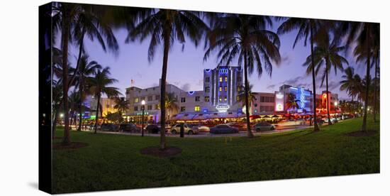 Panorama of the Art Deco Hotels at Ocean Drive, Dusk, Miami South Beach, Art Deco District, Florida-Axel Schmies-Stretched Canvas