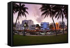 Panorama of the Art Deco Hotels, Ocean Drive at Dusk, Miami South Beach, Art Deco District, Florida-Axel Schmies-Framed Stretched Canvas