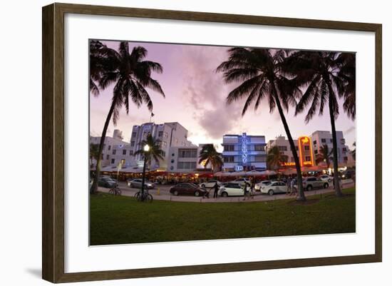 Panorama of the Art Deco Hotels, Ocean Drive at Dusk, Miami South Beach, Art Deco District, Florida-Axel Schmies-Framed Photographic Print