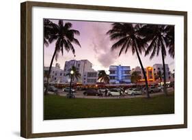 Panorama of the Art Deco Hotels, Ocean Drive at Dusk, Miami South Beach, Art Deco District, Florida-Axel Schmies-Framed Photographic Print