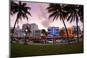 Panorama of the Art Deco Hotels, Ocean Drive at Dusk, Miami South Beach, Art Deco District, Florida-Axel Schmies-Mounted Photographic Print