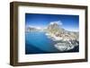 Panorama of the fishing village framed by blue sea and high peaks, Hamnoy, Moskenesoya, Nordland co-Roberto Moiola-Framed Photographic Print