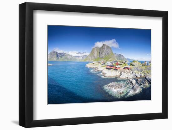 Panorama of the fishing village framed by blue sea and high peaks, Hamnoy, Moskenesoya, Nordland co-Roberto Moiola-Framed Photographic Print