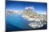 Panorama of the fishing village framed by blue sea and high peaks, Hamnoy, Moskenesoya, Nordland co-Roberto Moiola-Mounted Photographic Print