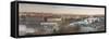 Panorama of the historical bridges and buildings reflected on Vltava River at sunset, Prague, Czech-Roberto Moiola-Framed Stretched Canvas